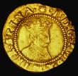 London Coins : A193 : Lot 1011 : Halfcrown James I Gold First Bust S.2629, mintmark Escallop, 1.3 grams, Fine, the reverse with doubl...