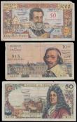 London Coins : A193 : Lot 113 : France 50 Nouveaux Francs on 5,000 Francs 30-10-1958  Pick 139a VF multiple pinholes, top right corn...