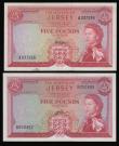 London Coins : A193 : Lot 134 : Jersey 5 Pounds red QE II at right (1963) (2) Padgham Pick 9a VF with some adhesive reverse and Clen...