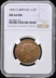 London Coins : A193 : Lot 1473 : Halfpenny 1853 Peck 1542 a sharply struck example with peripheral mint lustre in a NGC Holder at MS6...