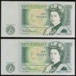London Coins : A193 : Lot 66 : One Pound Somerset B341 issued 1981 very first run a consecutive pair  AN01 174830 and 831 UNC