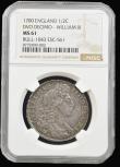 London Coins : A194 : Lot 1281 : Halfcrown 1700 DVODECIMO edge ESC 561, Bull 1043, NGC MS61 and with attractive blue/green and gold t...