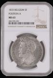 London Coins : A194 : Lot 453 : Belgium 5 Francs 1833 Position A KM#3.1 Choice Mint State and graded MS63 by NGC by far the best exa...