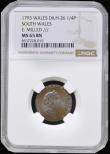 London Coins : A194 : Lot 956 : Farthing 1793 Milled Edge South Wales Farthing PRO BONO PUBLIC D&H 26 NGC MS65 BN