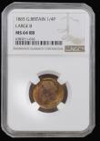London Coins : A194 : Lot 974 : Farthing 1865 Large 8 in date Unc with considerable lustre and graded MS64 RB by NGC