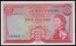 London Coins : A194 : Lot 98 : Jersey 5 Pounds ND(1963) red, signed Clennett young QE II S/N C399405 Pick 9b AU-UNC